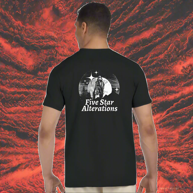 Person wearing a black t-shirt with 'Five Star Alterations' logo on the back